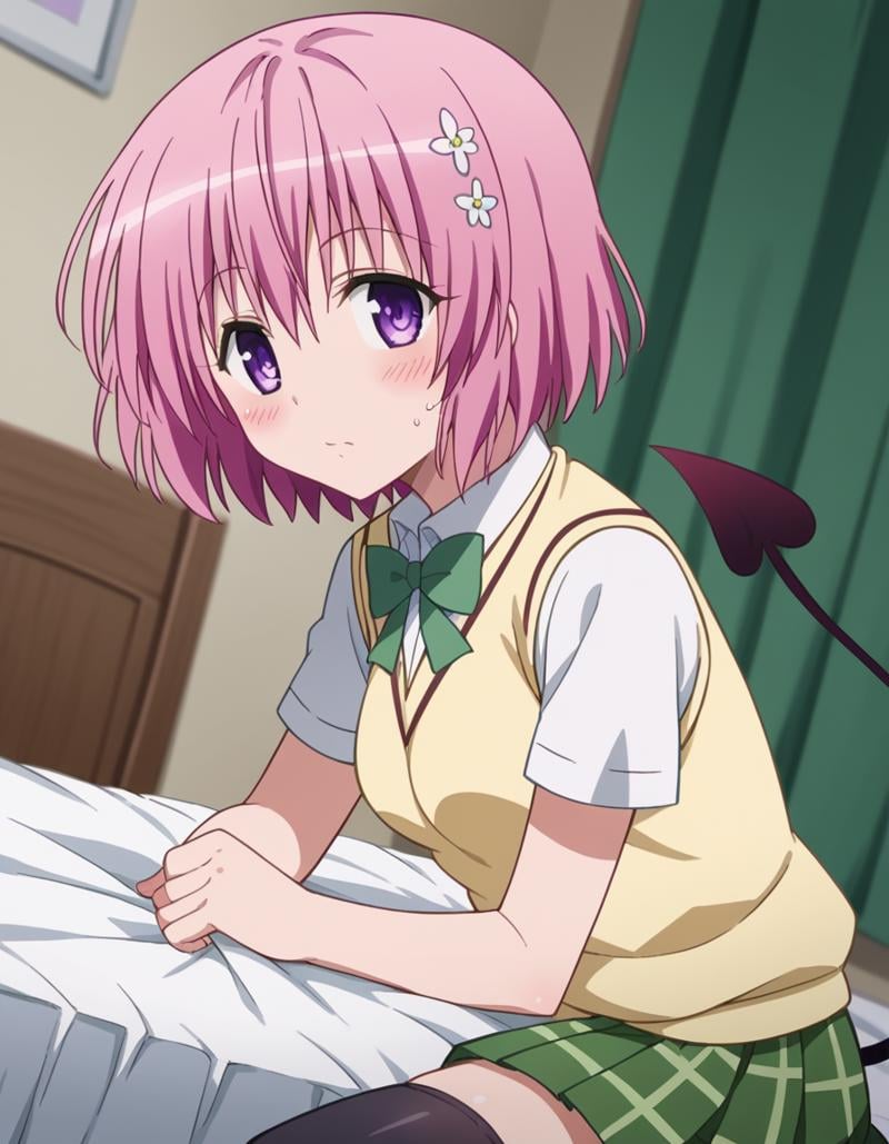 score_9, score_8_up, score_7_up, source_anime,momodeviluke, <lora:momo-deviluke-darkness-ponyxl-lora-nochekaiser:1>,momo deviluke, demon tail, hair flower, hair ornament, purple eyes, pink hair, short hair, tail,demon tail, green skirt, plaid, plaid skirt, sainan high school uniform, school uniform, skirt, sweater vest, thighhighs, yellow sweater, short sleeves, bow, green bow,indoors, bed, bed room, on side, blush, drunk,looking at viewer, cowboy shot, dutch angle, solo,