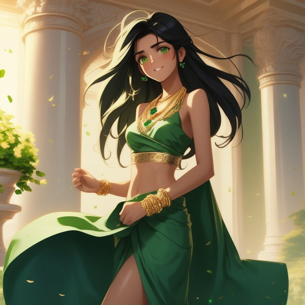 a beautiful (((black haired girl,))) very long messy hair, beautiful detailed deep brown eyes, (((brown skin))), tan skin, (indian), cute and beautiful face, relaxed smile, medium breasts, indian clothes, gold and green silk Lehnga , cropped green and gold sleeveless silk Lehnga top covered in tiny emeralds, silk shawl, low waisted flowing gold and green silk Lehnga skirt, covered in emeralds, gold stiletto heels,toned midriff, gold waist chain, gold hair clips, gold and emerald bracelet, shawl, gold and emerald necklace, cowboy shot view, colorful,  (masterpiece:1.2), (best quality:1.2), ultra-detailed, best shadow, detailed background, high contrast, (best illumination, an extremely delicate and beautiful), ((cinematic light)), hyper detail, dramatic light, intricate details, 8k, anime, very aesthetic, overlooking a balcony, holding a gold flower, in a marble palace garden, summer season, flower petals blowing in the wind, breezy weather, crepuscular lighting, warm lighting, morning time, green flowers cover the ground, skirt blowing in the wind, hair blowing in the wind, happy