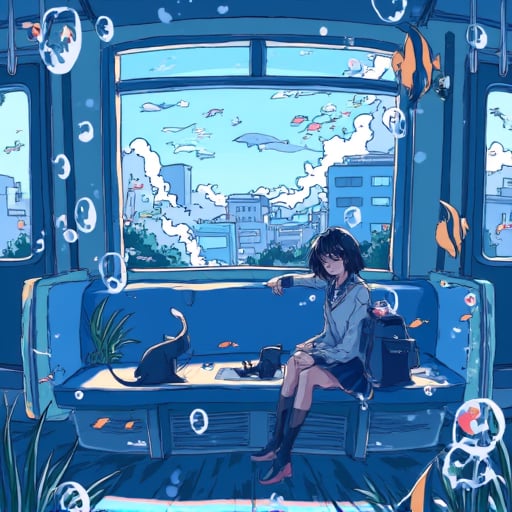 Ichigo Ame, bubble, fish, cat, sitting, tropical fish, ligne claire, train interior, 1girl, wide shot, plant, skirt, scenery, closed eyes, bag, black hair, blue theme, short hair, shoes, sleeping, school uniform