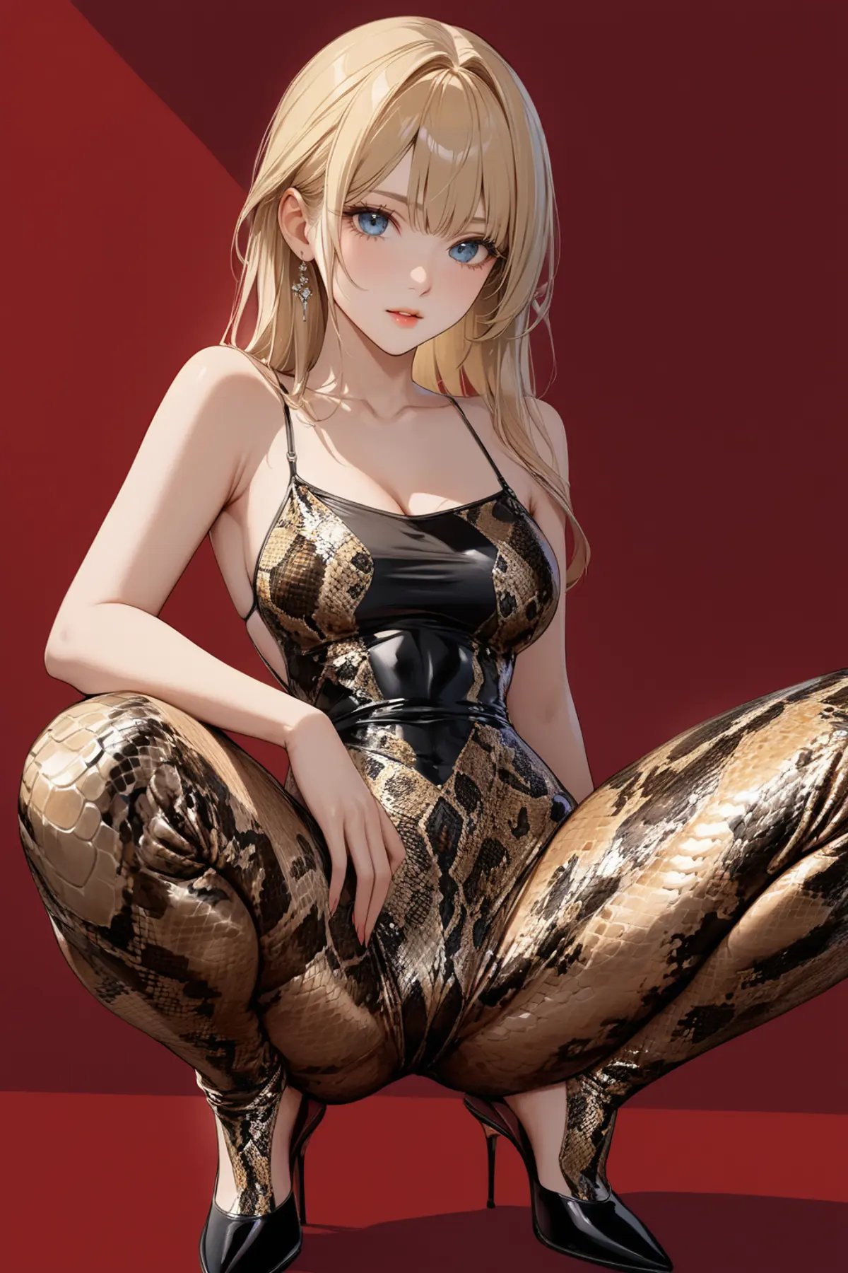 1girl,solo,red background,squatting,spread legs,ruanyi0735,spaghetti strap,bodysuit,animal print,python print,,blonde hair,cowboy shot,<lora:0735 Bronzing bodysuit_xl_v1:1>, masterpiece,best quality,ultra detailed,8K,super fine illustration,highly detailed beautiful face and eyes,perfect anatomy,professional lighting,