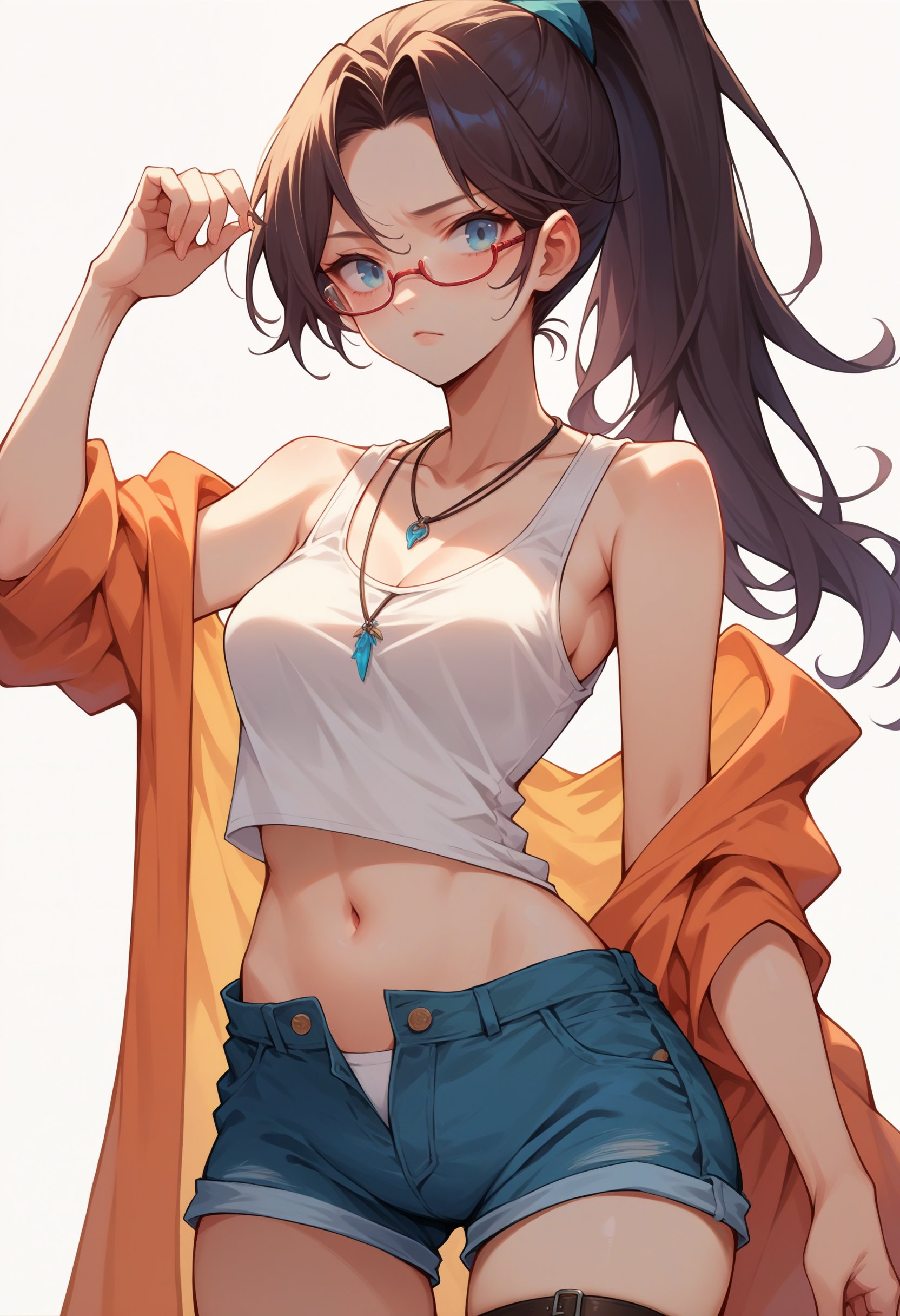 score_9, score_8_up, score_7_up, source_anime, female, focused, shorts, tank top, overhang, navel, midriff, collarbone, necklace, blue eyes, thigh strap, medium breasts, white background, high ponytail, semi-rimless eyewear, bare arms, open fly,