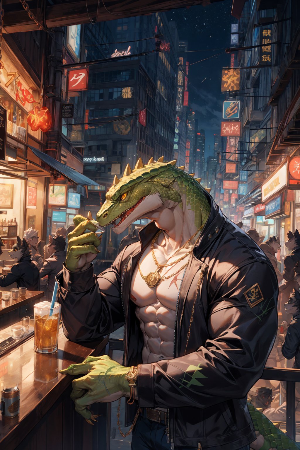 (From above),best hands,best quality, (official art:1.15),ultra detailed 8k art),fantasy,skyscraper,(upper body, focus green lizard man,lizard yellow eyes,anthro:1.2),(gangster,From front,scales),big tattoo on chest BREAK(muscular:1.2) ,(intricately carved gold spikes), metropolis,night party,Drink a large glass of beer,lean on metal railing,(night bar),gold claw BREAK scary face,(close-up face),night view,A black jacket opens,golden chain necklace,old scar on half of face,(anthros crowd),neon light,roll up the sleeves