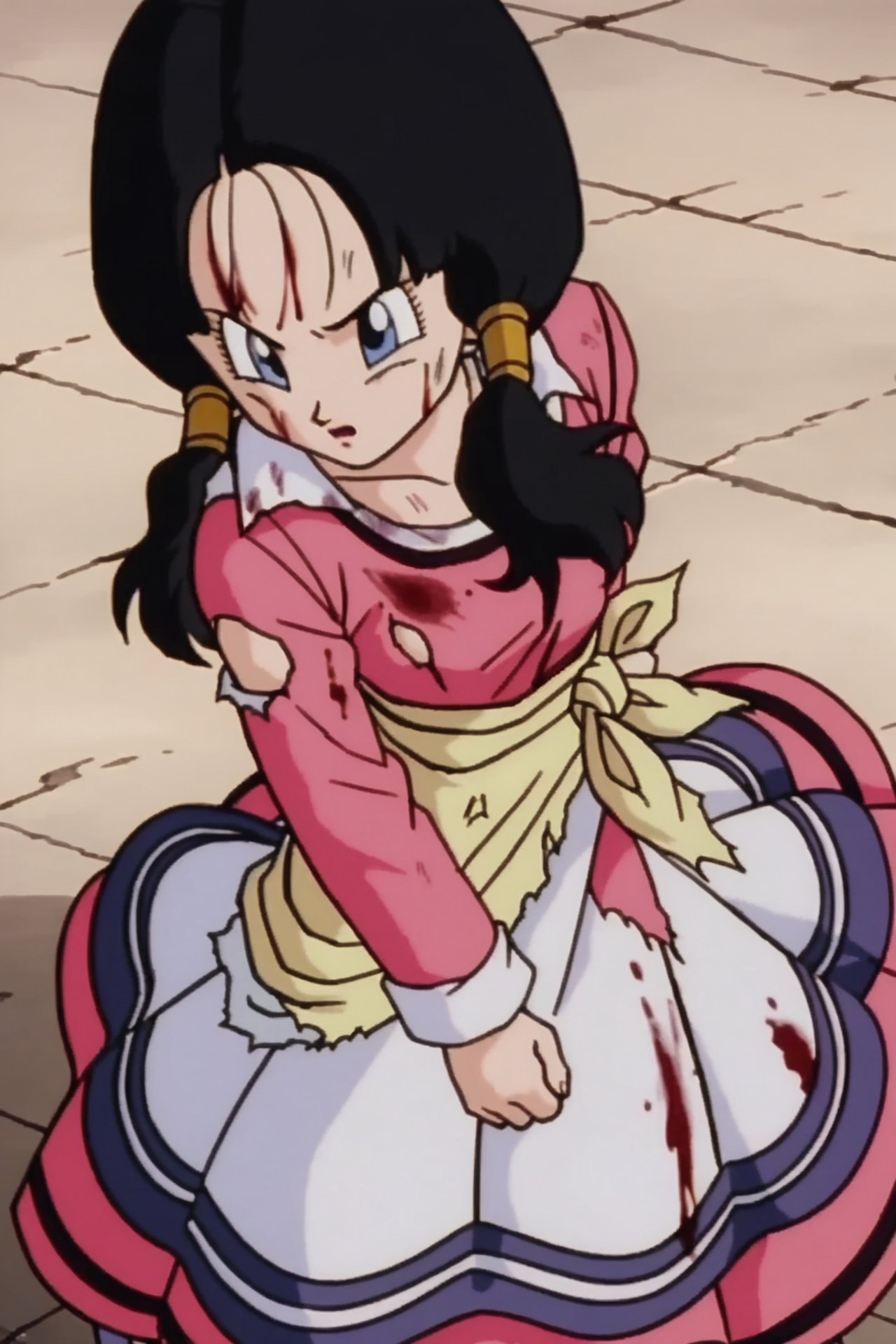 source_anime, score_9, score_8_up, score_7_up, anime screencap,videldbz, solo, black hair, long sleeves, 1girl, female focus, sky, holding own arm, torn clothes, blood, injury, collar up, movie, movie dress, multicolored dress, wrapped, standing, leaning forward, long dress, blue eyes, exhausted, twintails, from above, <lora:Videl_pony_v1:0.8>