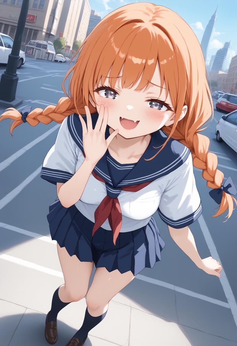 1girl, medium breasts, school uniform,mesugaki, smile, looking at viewer, blush, hand up, skin fang, <lora:mesugaki_Pony_v1:0.9>dutch angle, full body, looking down, orange hair, white eyes,wince, Paris city, open mouth, twin braids hair,,