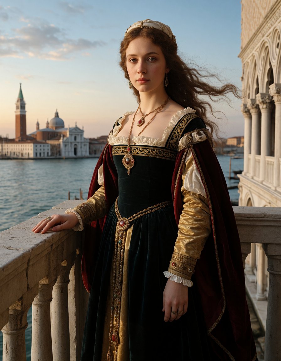 Ultra-high quality,  ultra-detailed,  extremely photorealistic 8K masterpiece. A young Venetian noblewoman by Electric Dre...