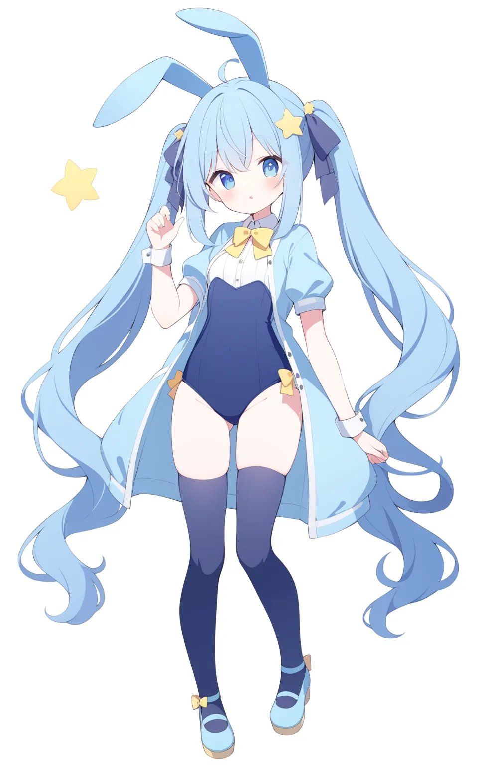 1girl,   yumenouchi chiharu, sakura \(39ra\), tyakomes, henreader, baku-p, daizu \(melon-lemon\), masterpiece, newest, absurdres, safe,rabbit ears, 2023, blue hair, detached sleeves, short eyebrows, ribbon, blue ribbon, solo, one-piece swimsuit, short sleeves, open jacket, thighhighs, star \(symbol\), puffy short sleeves, star in eye, blue one-piece swimsuit, hair ornament, ahoge, blue footwear, sidelocks, bow, hand up, star hair ornament, jacket, long hair, open clothes, simple background, twintails, yellow bow, hair bun, white background, looking at viewer, blue eyes, blue jacket, parted lips, footwear bow, :o, animal ears, bow swimsuit, blue thighhighs, puffy sleeves, full body, shoes, swimsuit under clothes, mary janes, very long hair, symbol in eye, swimsuit, sleeve cuffs, standing