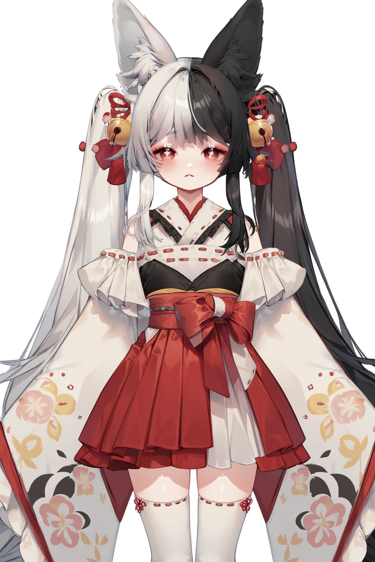 (score_9,score_8_up,score_7_up,),mana,<lora:mana-000025:0.9>,animal ears,thighhighs,red skirt,red eyes,long hair,black hair,white hair,kimono,hair ornament,symbol-shaped pupils,geta,