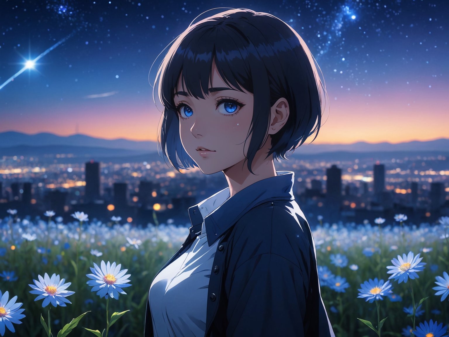 anime girl, night, blue light behind her,  ((Galaxy, Lens flare)), short hair, flower field, night sky, cinematic shot. Wallpaper. (Blue color schema), detailed background, a city in the distance