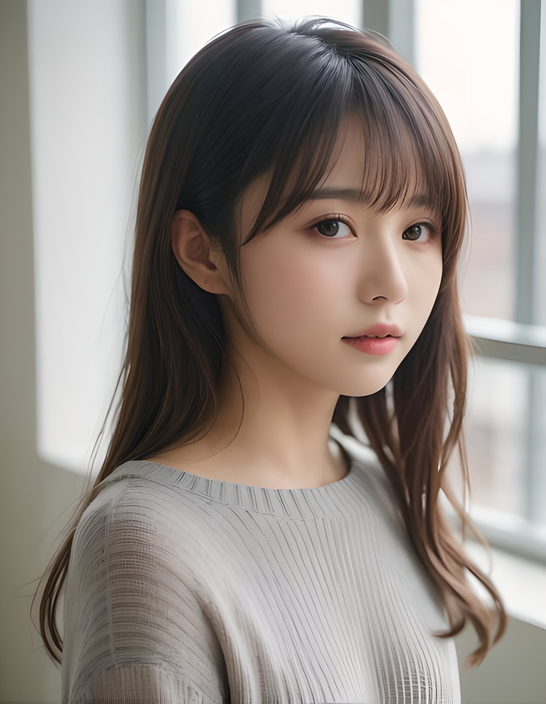 japanese woman, (close-up:2), (natural lighting),wavy hair, bangs, (dark brown eyes),(from side), (downward slanting eyes),pouty,(gray sweater),(dyanmic posing)(see-through curtain, bright room)