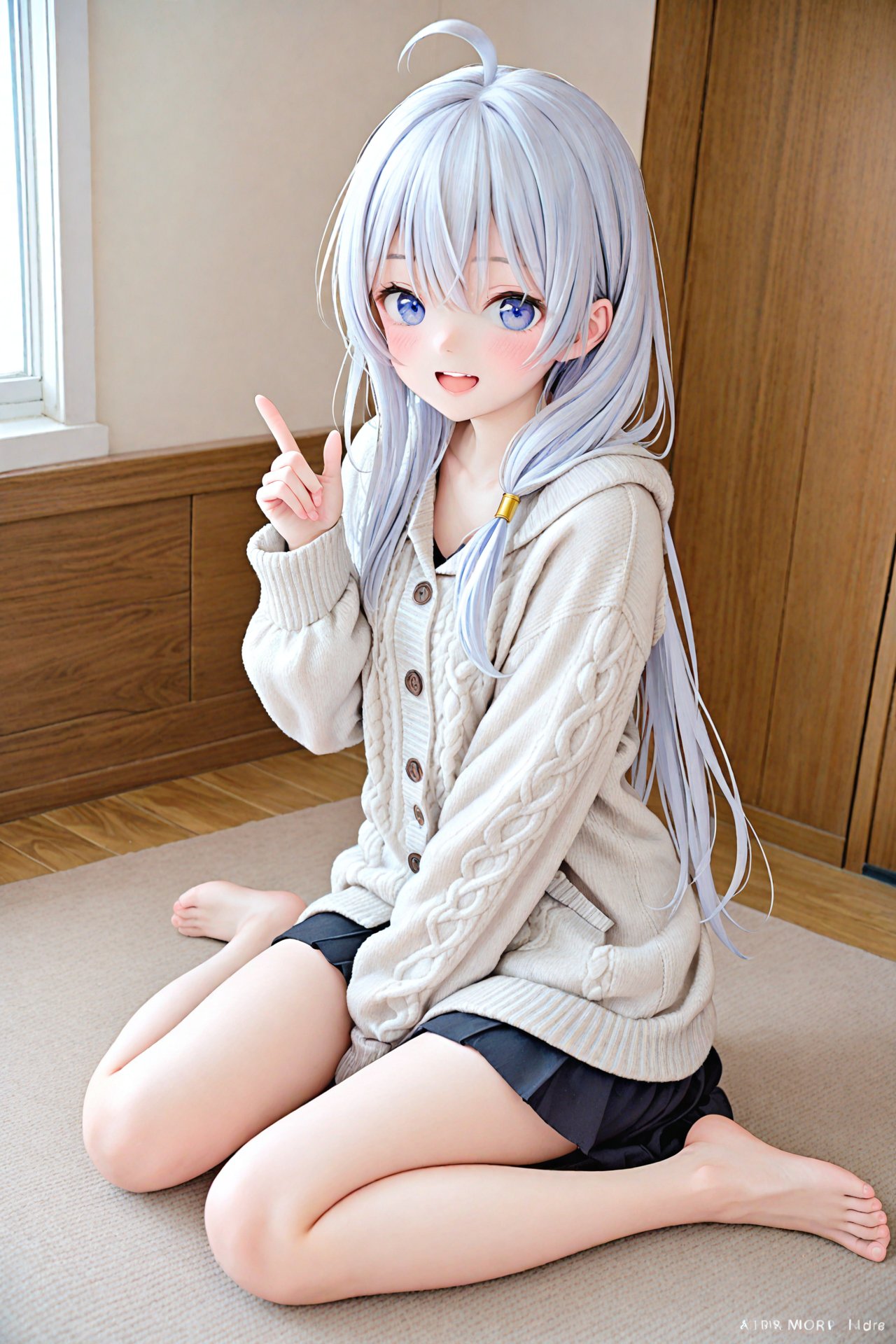 masterpiece,best quality,illustration,ultra detailed,hdr,Depth of field,(colorful),PVC Style,1girl,solo,elaina (majo no tabitabi),long hair,ahoge,barefoot,sitting,sweater,blue eyes,smile,looking at viewer,open mouth,long sleeves,wariza,aran sweater,cable knit,white sweater,grey hair,toes,index finger raised,feet,artist name,bare legs,legs,skirt,teeth,upper teeth only,black skirt,sleeves past wrists,between legs,hand between legs,blush,