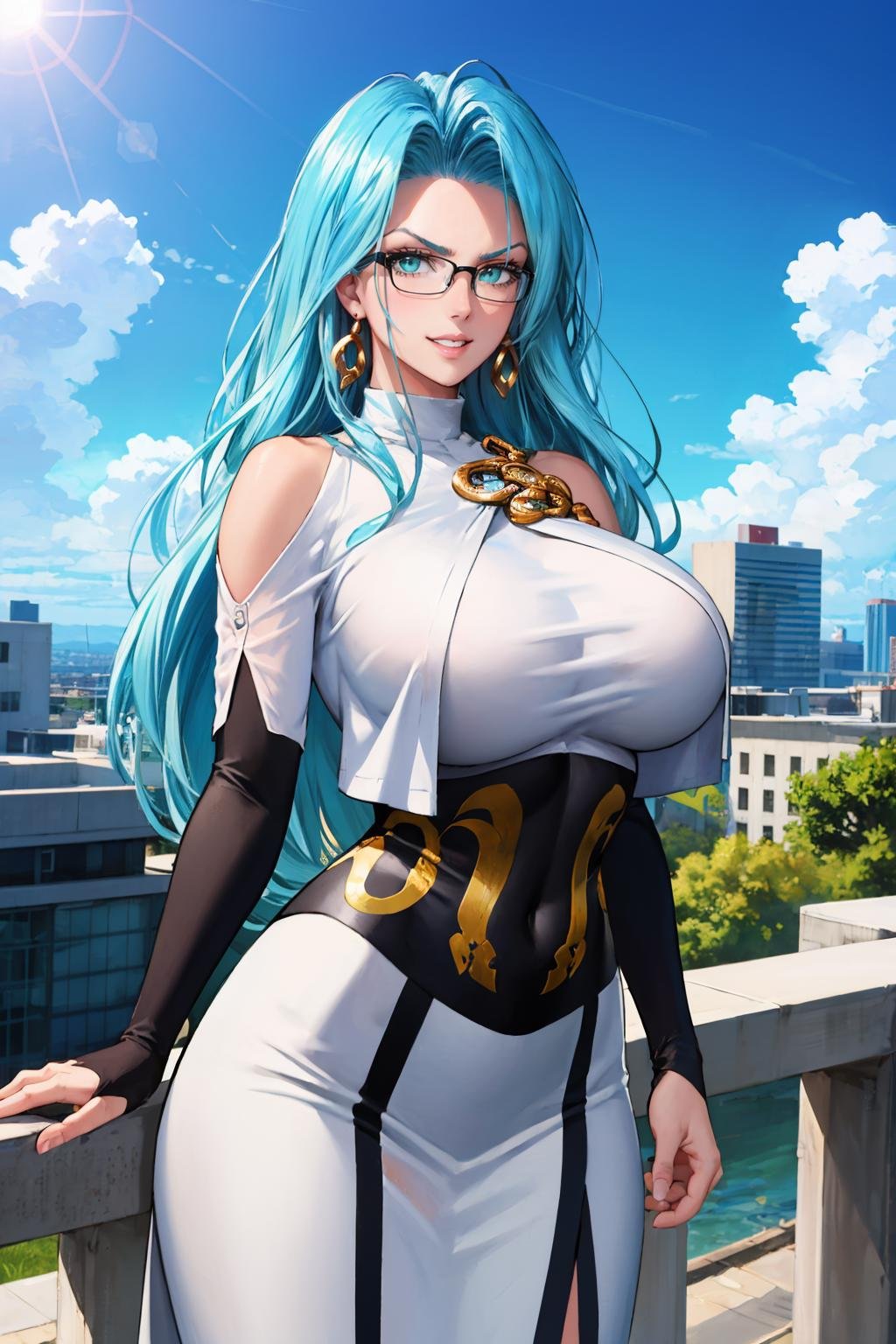 masterpiece, best quality, <lora:psykos-nvwls-v1-000010:0.9> psykos, aqua hair, glasses, earrings, white dress, underbust, bridal gauntlets, huge breasts, cowboy shot, looking at viewer, furrowed brow, grin, blue sky, clouds, cityscape