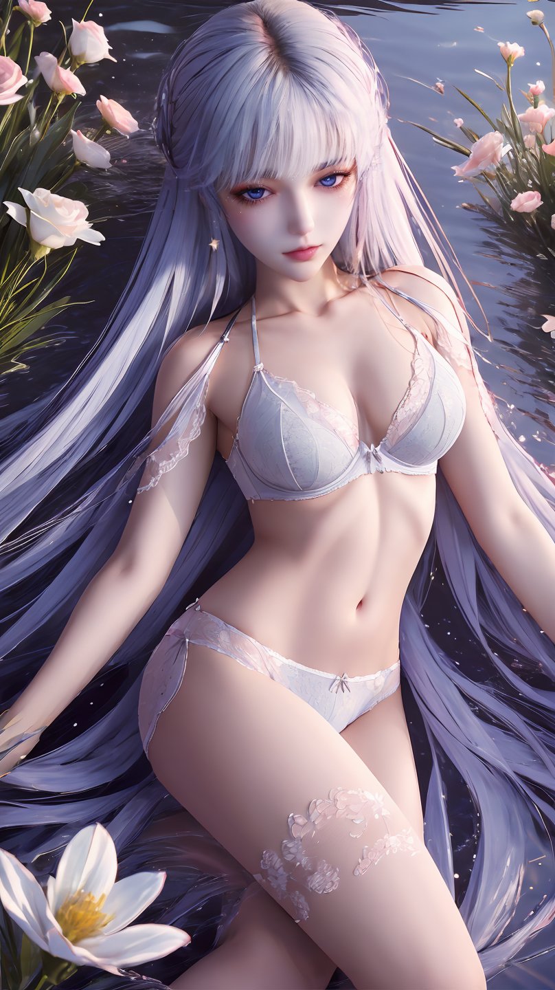 ((masterpiece)),((best quality)),wallpaper,ce,1girl,solo,breasts,white hair,long hair,a slim figure,long hair,night,madotsuki,starry_sky,depth of field,facial polishing,delicate skin,reflective eye shadow,tanono,fluorescence,in a meadow,mizu,river,,,stenciled_rose,flower field,targeting the audience,lace bra,full_body,<lora:QYpifuV1:1>,<lora:玫瑰花场景-王导:0.6>