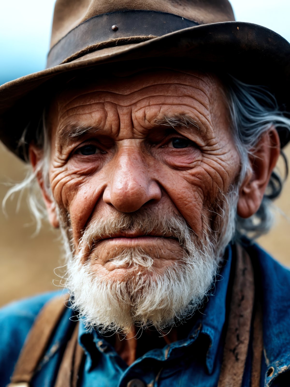 closeup portrait emotional photo of old man in rugged bluesman clothes, face, 8k uhd, high quality, film grain, looking at viewer, portrait, (skin pores:1.2), (moles:0.8), (imperfect skin:1.1)