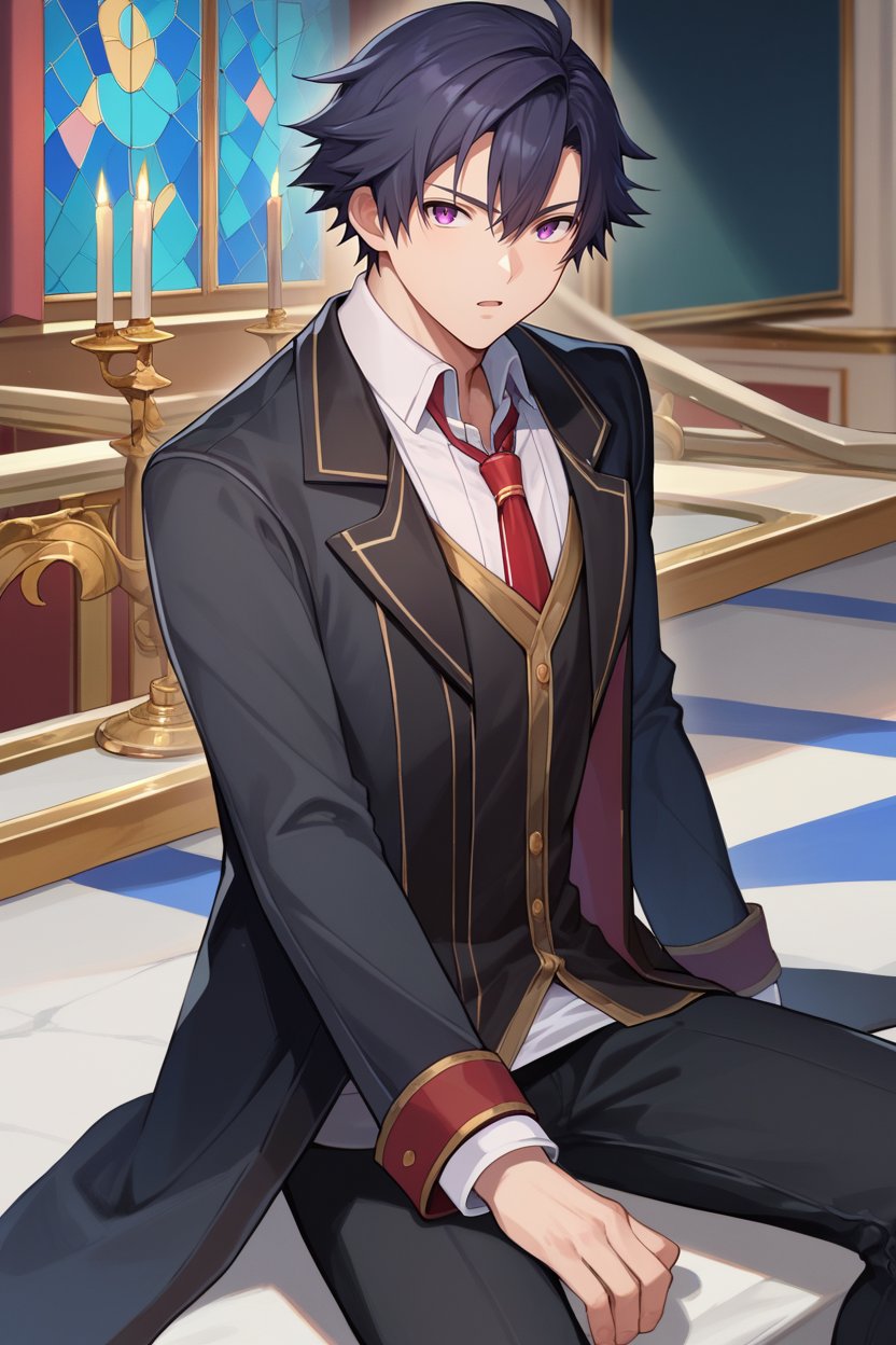 score_9, score_8_up, score_7_up, score_6_up, source_anime, BREAK 1boy, solo <lora:rean-pdxl-nvwls-v1-000006:0.9> sen2rean, black hair, sitting, tuxedo, black suit jacket, red necktie, suit pants, ballroom, chandelier, looking at viewer, chestnut mouth