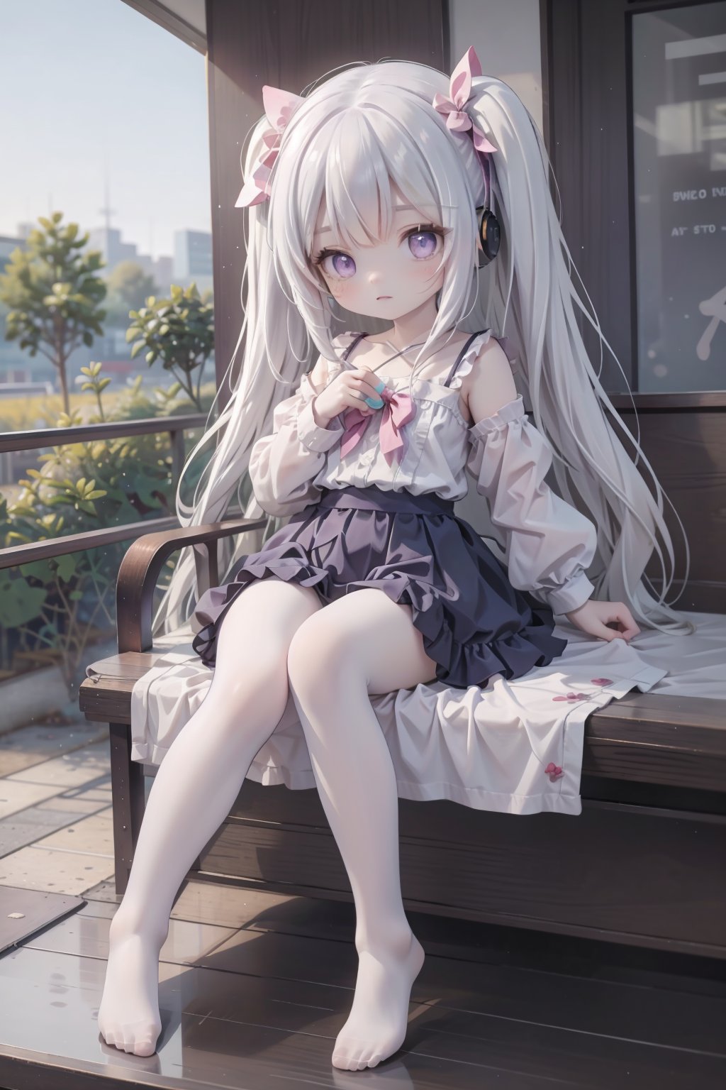 mid-shot:1.9,(masterpiece, best quality, highres, ultra detailed, absurdres:1.2),<a girl,solo,Perfect small body,purple eyes,big breasts:1.6,payot,:1.3,(silver hair, pink streaked hair,very long twintails,headphone):1.6,wavy very long hair,loli:1.9),skinny,>,< ,neckline,divine dress,layered sleeves,legwear:1.3>,<rainy dusk outside,(train:1.3,train station:1.3,train track:1.3,Train station platform:1.3,light poles), beautiful sky,sitting and holding Coffee Mug in hand,