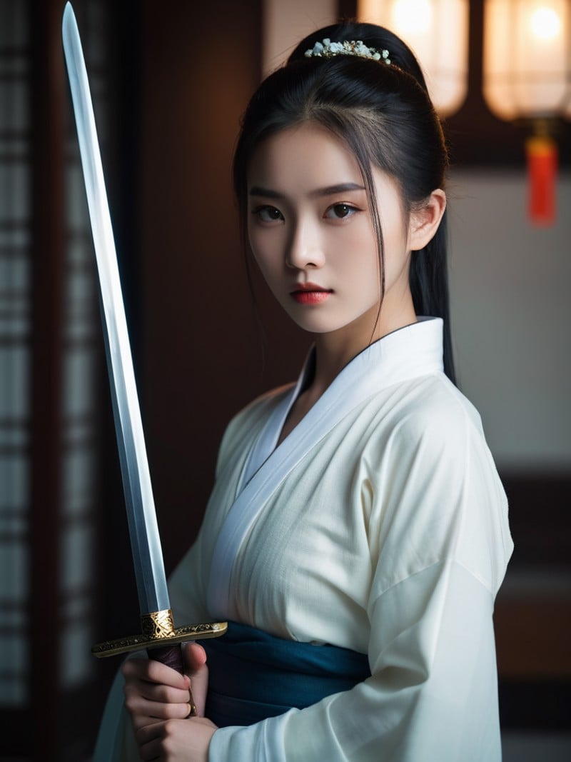 a 18 y.o chinese pretty modeling,soft lighting,chinese sword in hand,with a focus on her face and upper body,high resolution,professional grade,RAW photography,evocative composition,Cinematic Lighting,moody lighting,(freckles:0.8),sexy,cinematic_angle,hanfu,