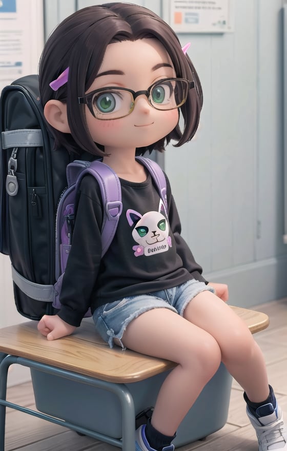 masterpiece, best quality,1girl, solo, female focus, facing viewer, front view, smile, <lora:CappyHehe_COLAB-10_RETRAIN:0.95> cappyhehe, glasses, black shirt, black-framed eyewear, hairclip, long sleeves, shorts, shoes, backpack, green eyes, sitting, on chair,classroom, 