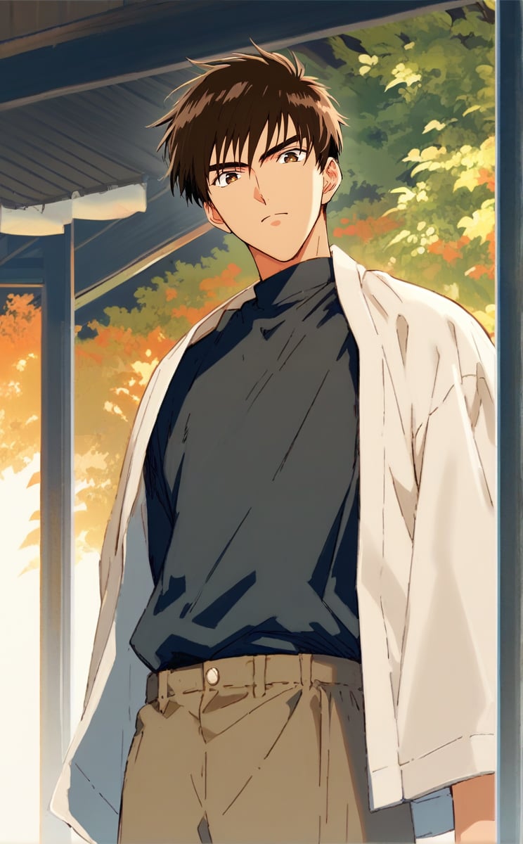 score_9,score_8_up,score_7_up,1boy,kinomoto_touya,male focus,short hair,brown hair,solo,brown eyes,looking at viewer,,pants,tall,standing,<lora:kinomoto_touya:0.8>