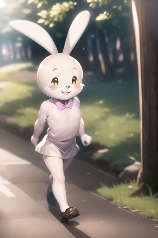 tsidoki, white eyes, rabbit ears, body fur, pink bowtie, white shirt, white skirt, smile, walking, forest <lora:Doki-v2:1>