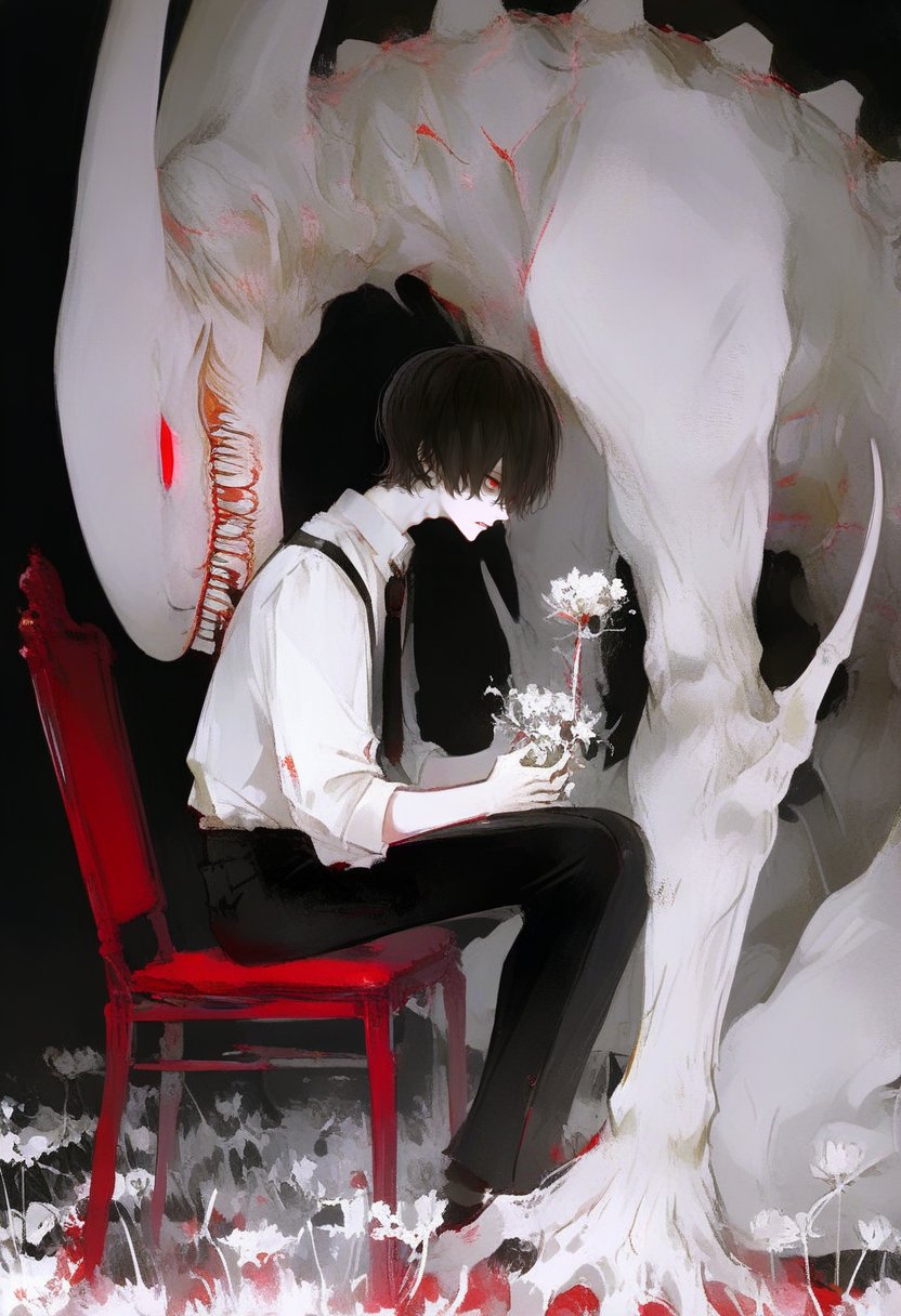 sitting,  black pants,  shirt by silvermoong on Tensor.Art