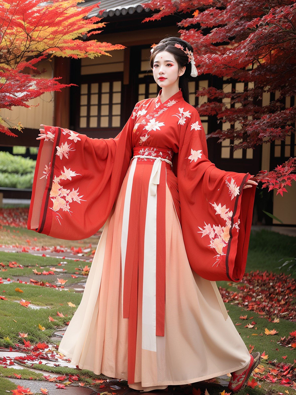 In autumn,maple leaves paint the mountains red. A winding path is covered with maple leaves. The Hanfu maiden walks through the foliage,stepping on pink petals. Her sleeves bear embroidered golden maple leaves,vibrant like flames. The trees on either side sway gently in the breeze,as if welcoming her presence.,