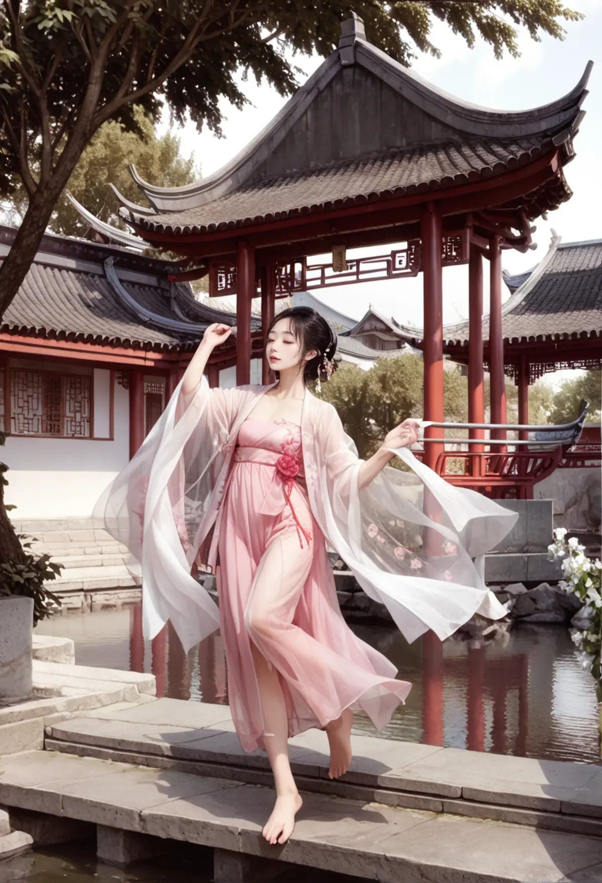 ,ruanyi0800,scenery,outdoors,east asian architecture,barefoot,dancing,flower,tree,water,,ruanyi0758,hanfu,pink dress,see-through,shawl,wide sleeves,jewelry,<lora:0800 Chinese courtyard_v1_pony:1>,<lora:0758 Peach Blossom Hanfu_v1_pony:0.8>, score_9,score_8_up,score_7_up,,8k,1girl,solo,,