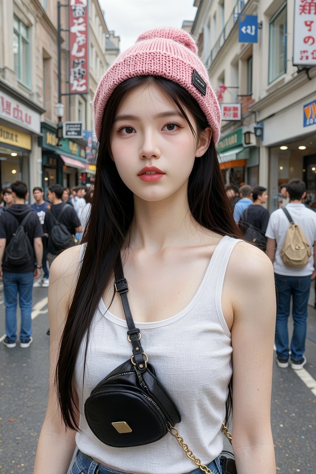 a young East Asian woman with fair skin and long,  straight black hair. She wears a pink knit beanie,  a white tank top by...