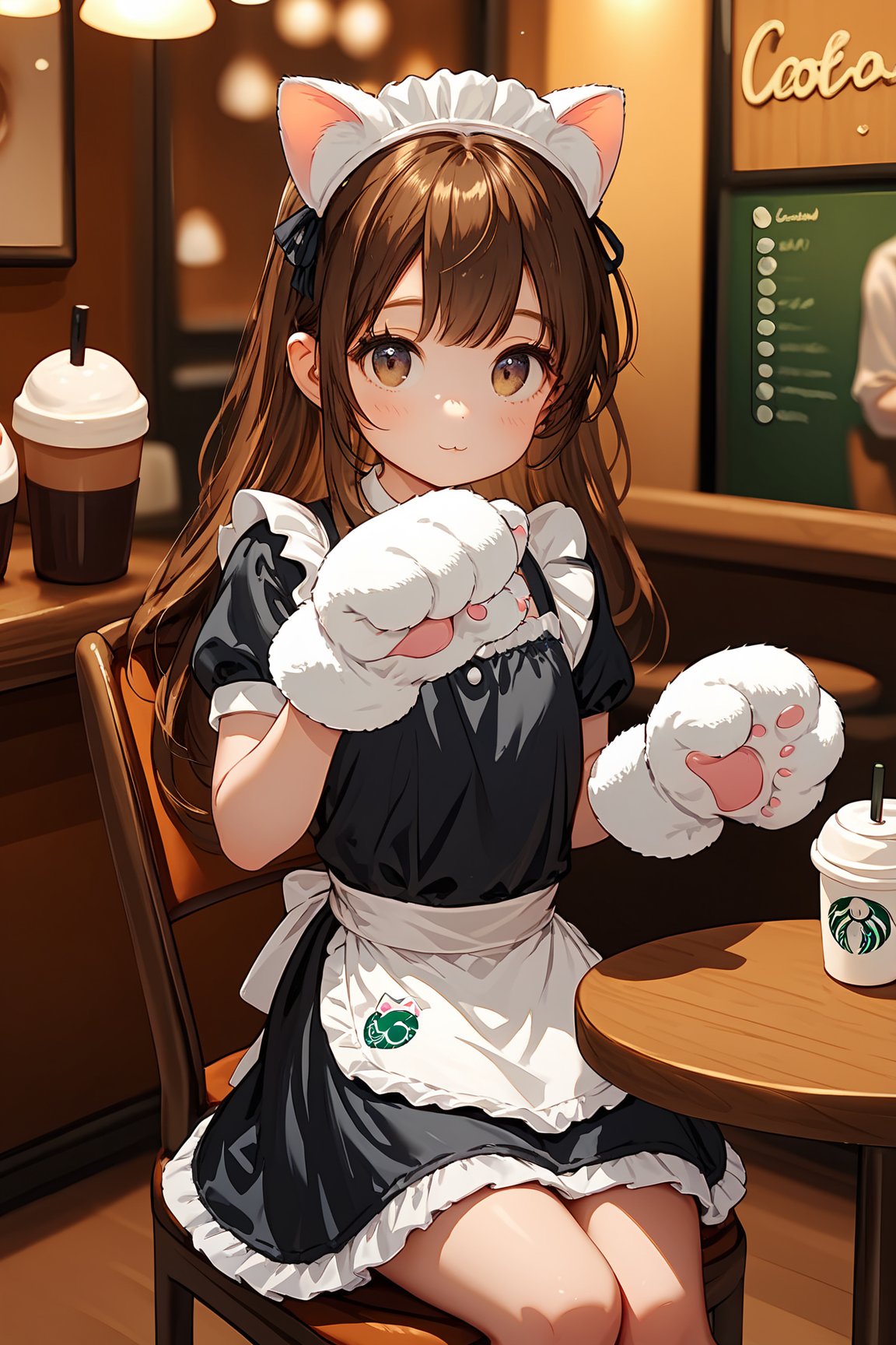 score_9, score_8_up, score_7_up, coffee shop,1girl,sit chair,table,cocoa\(drink\),cat ears,white animal glove,pet pose,black maid dress,brown hair,long hair,look at viewer,child