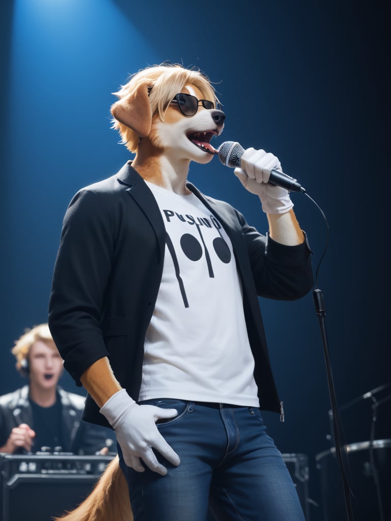 score_9, score_8_up, score_7_up, photorealistic, high quality, furry, male, furry dog, slim, sleek glasses, medium hairstyle, blonde hair, singing, microphone, stage idol, black denim pants, black jacket, white glove, t-shirt, DJ