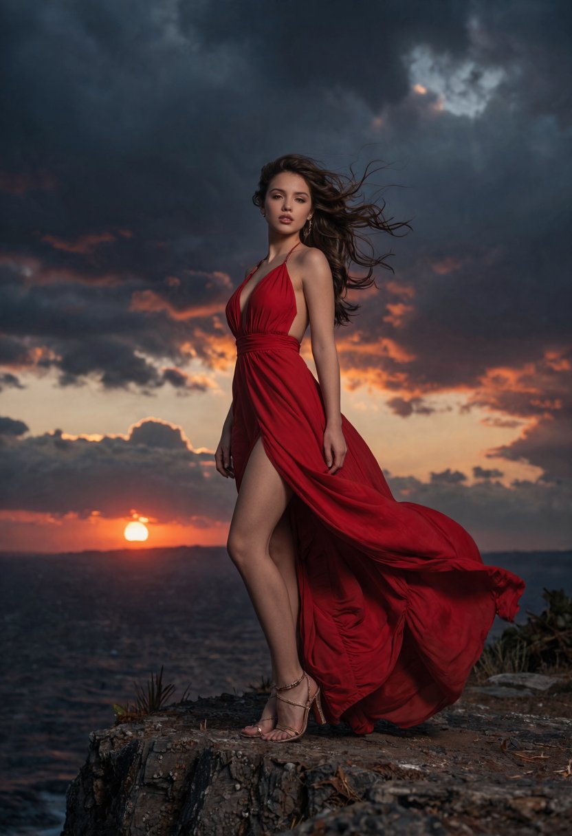 masterpiece,  beautiful woman in flowing red dress standing on a cliff during sunset storm,  dramatic clouds by Electric D...