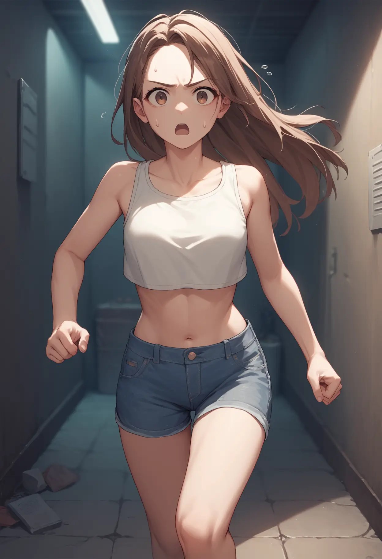 score_9, score_8_up, score_7_up, score_6_up, source_anime, 1girl, basement, dimly lit, dark,long hair, brown hair, crop top, denim shorts,fleeing, running towards viewer, cowboy shot, open mouth, sweatdrop, <lora:basement_v0.2-pony:1>