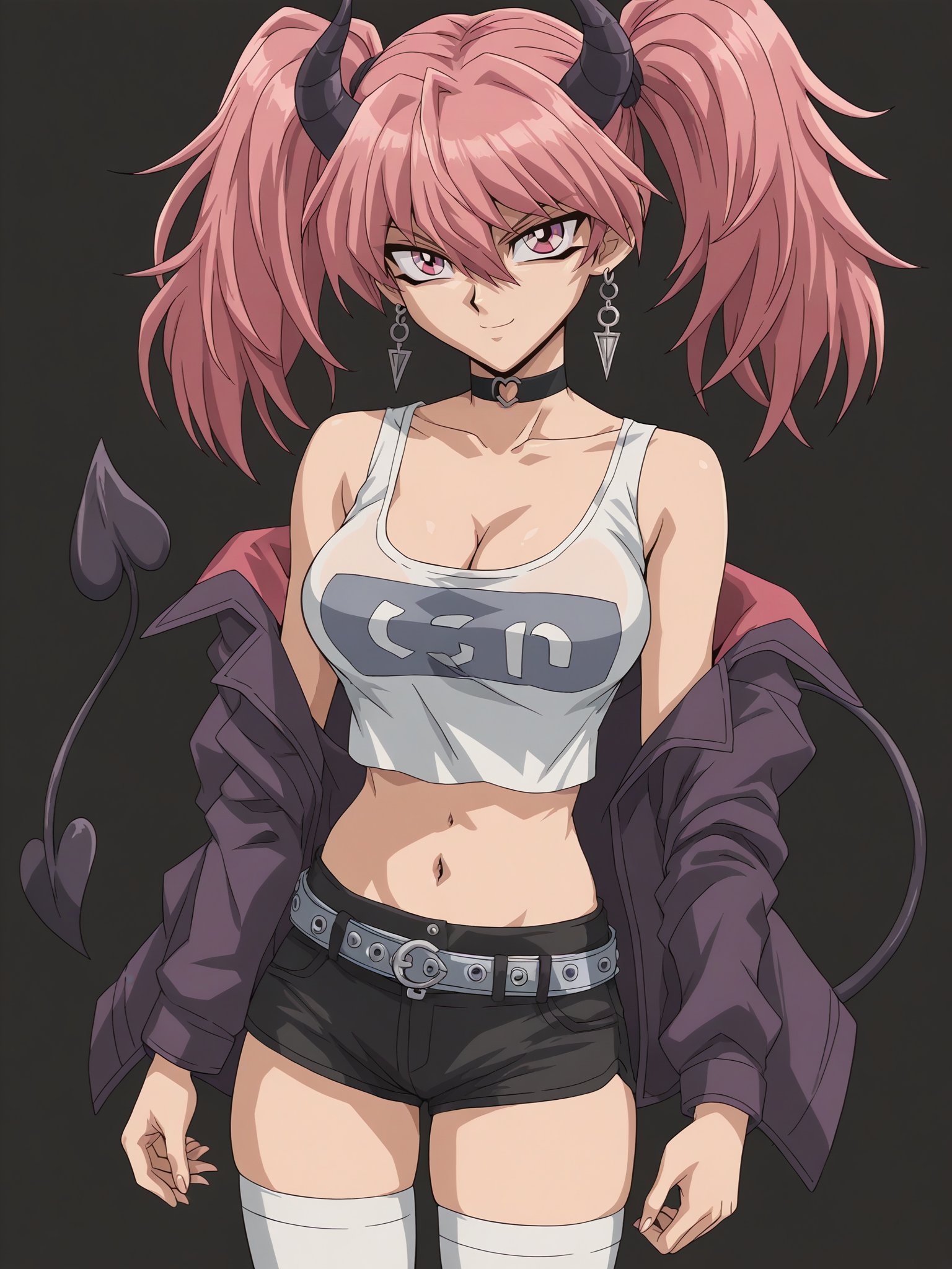 score_9, score_8_up, score_7_up, score_6_up, score_5_up,1girl, solo, breasts, tail, pink_hair, horns, demon_tail, shorts, jacket, twintails, large_breasts, smile, looking_at_viewer, long_hair, navel, choker, black_background, pink_eyes, short_shorts, belt, demon_girl,  pink_jacket, demon_horns, simple_background, tank_top, open_jacket, cleavage, black_shorts, open_clothes, thighhighs, off_shoulder, bare_shoulders, closed_mouth, head_tilt, hair_between_eyes, cowboy_shot, jewelry, micro_shorts, collarbone, black_choker, white_thighhighs, crop_top, bangs, earrings, clothes_writing, shirt, midriff, standing, see-through, contrapposto, long_sleeves <lora:Yugioh_Duel_Monsters:1>