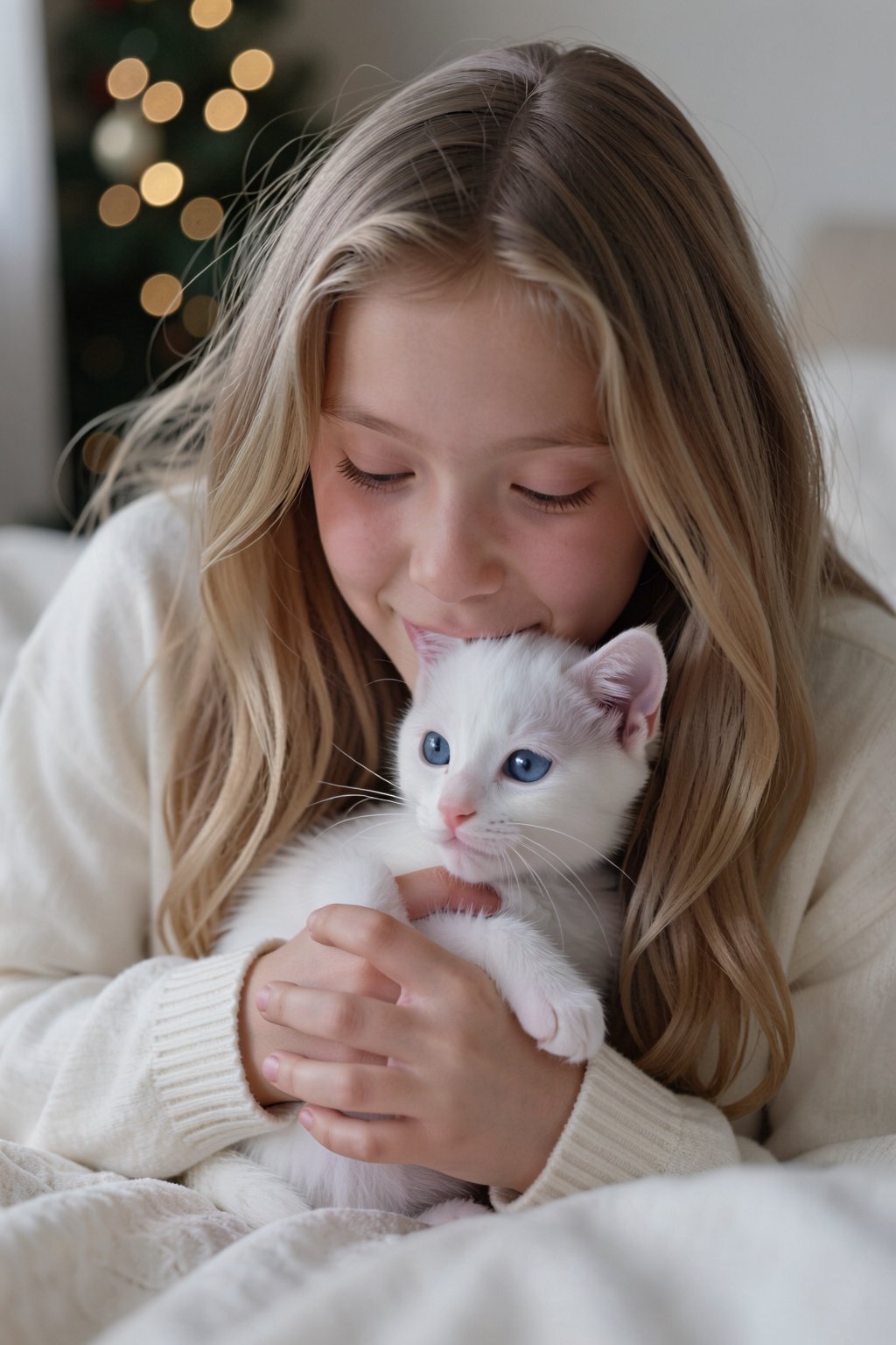 A woman,  likely in her early twenties,  is lying on a bed and cuddling a white kitten. She has long by 天TIN on Tensor.Art