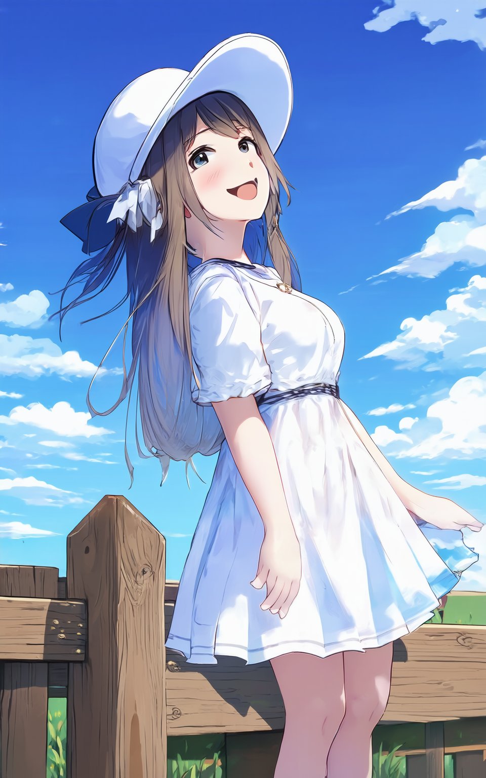 anime style, an anime girl wearing a white dress and hat standing on a wooden fence with blue sky and clouds in the background, looking up at the sky with a smile on her face