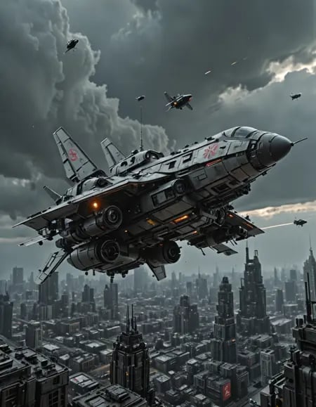 A compact,  angular spacecraft shaped like scissors streaks through an industrial skyline,  captured mid-bank as it slices...