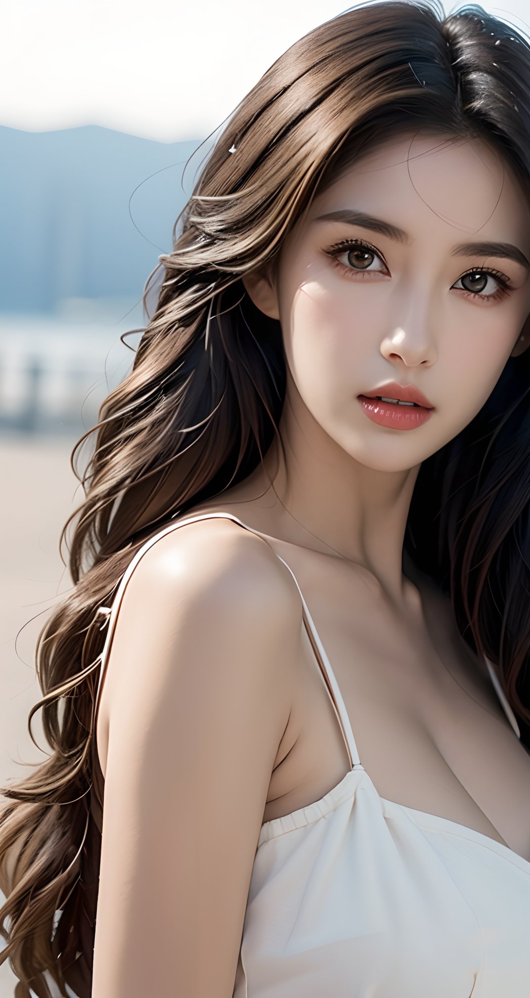 1girl,solo,bust,upper_body,close-up,looking_at_viewer,simple_background,depth_of_field,blurry,Volumetric Lighting,Cinematic Lighting,Tyndall effect,huge filesize,photo,real,straight_hair,very long hair,black hair,slender,fair_skin,sundress,<lora:318:1>,