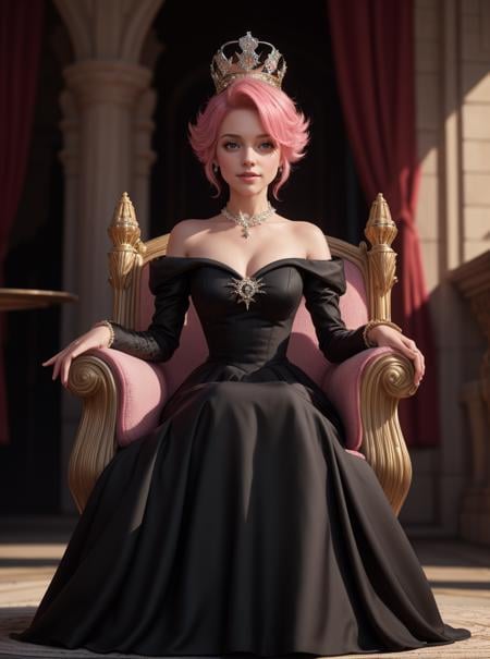 8k, masterpiece, highly detailed, high quality,1girl wearing a black (princess dress), <lora:princess_dress-SD-2.0:1>,pink hair Bouffant,throne, crown, smirk