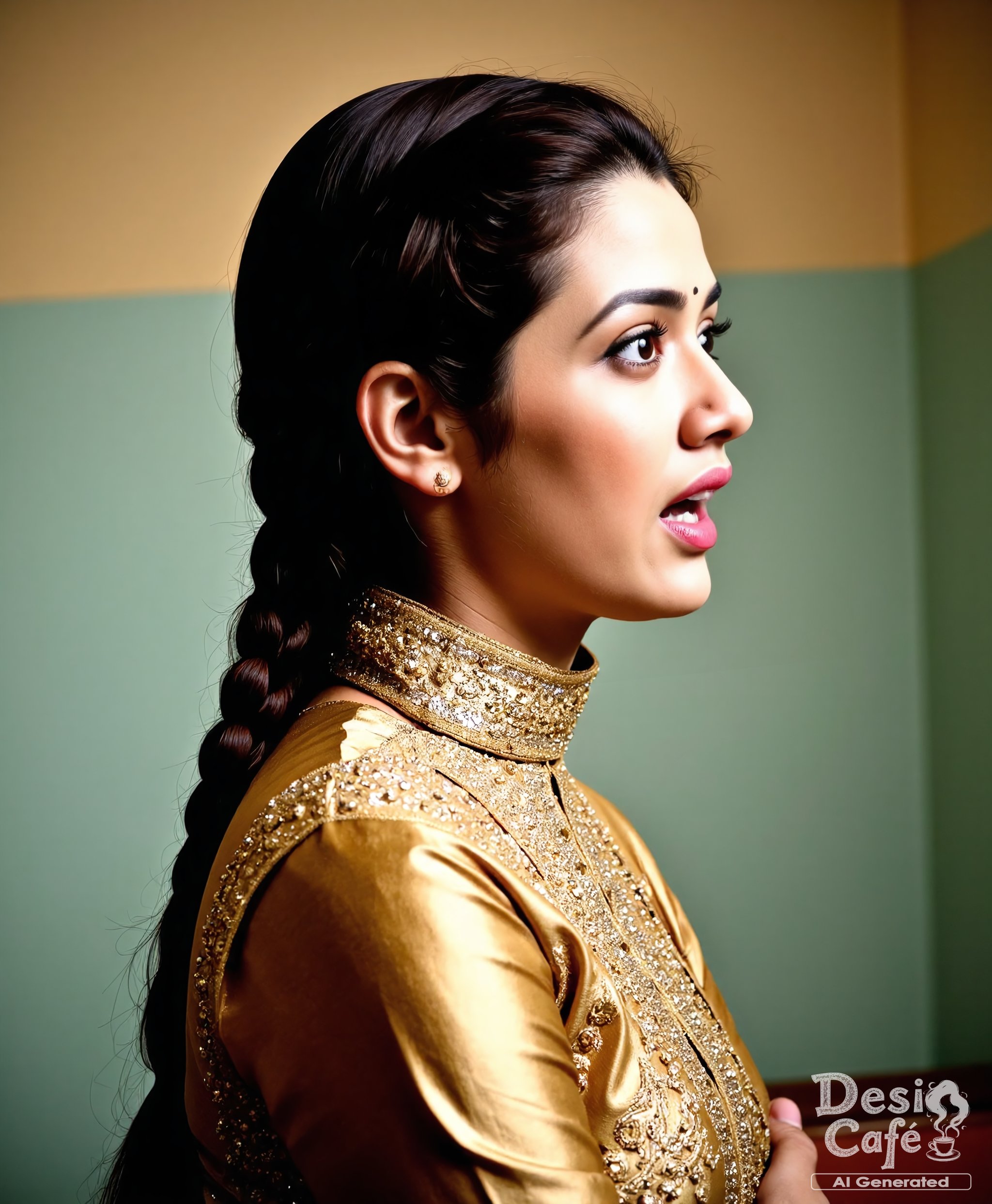 side view photo of G1r1j4 04k woman,  hyper realistic photo that is safe for work,  mouth open in surprise by Desi_Cafe on...