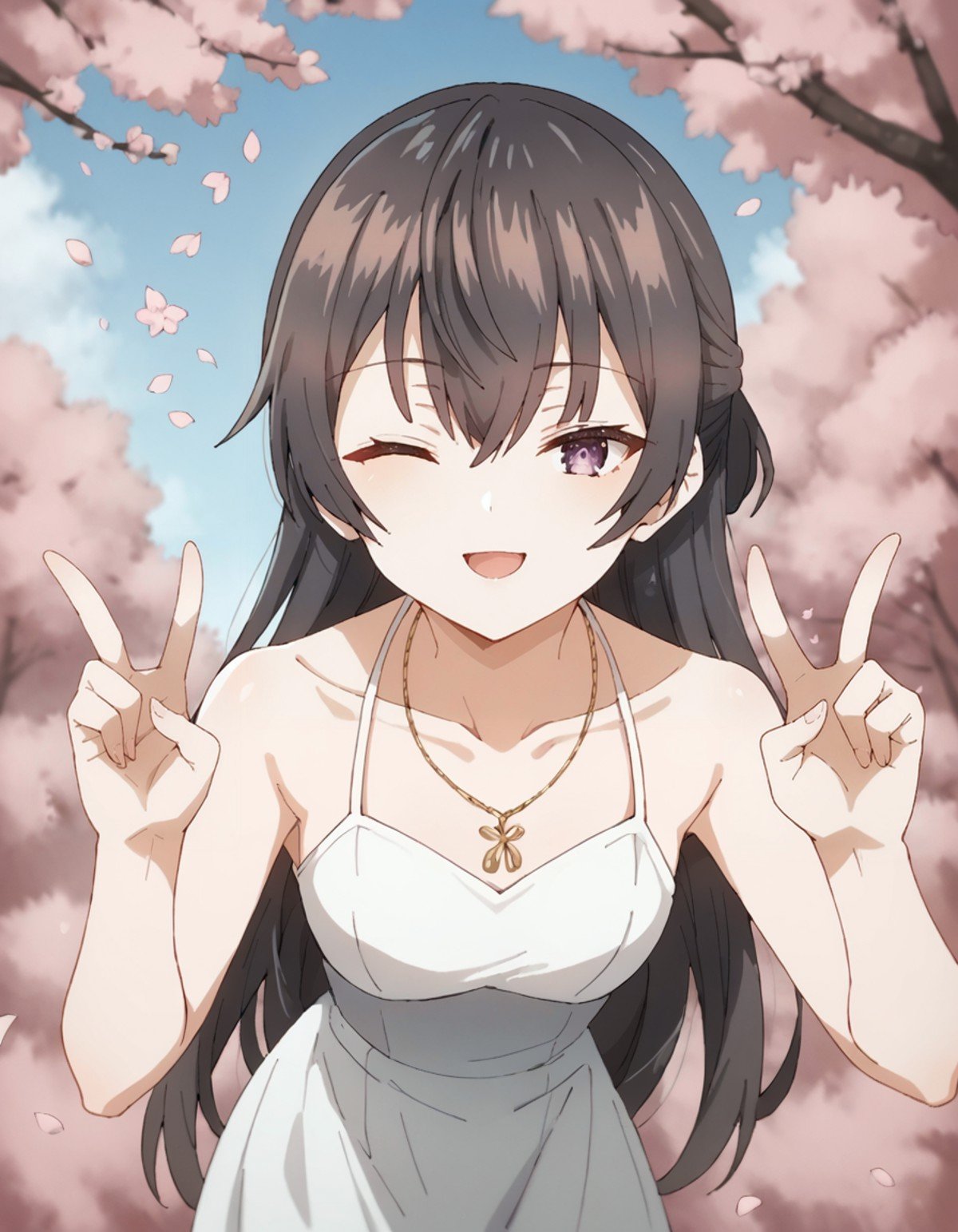 score_9, score_8_up, score_7_up, source_anime,1girl, solo, happy, looking at viewer, hair ornament, necklace, cherry blossoms, leaning forward, clevage, outdoors, smug, one eye closed, V pose,<lora:yuki_anime-soralz:1>, yuki, black hair, long hair, half updo, hair between eyes, collarbone, purple eyes, white dress, from below, blue sky, sleeveless dress, upper body, 