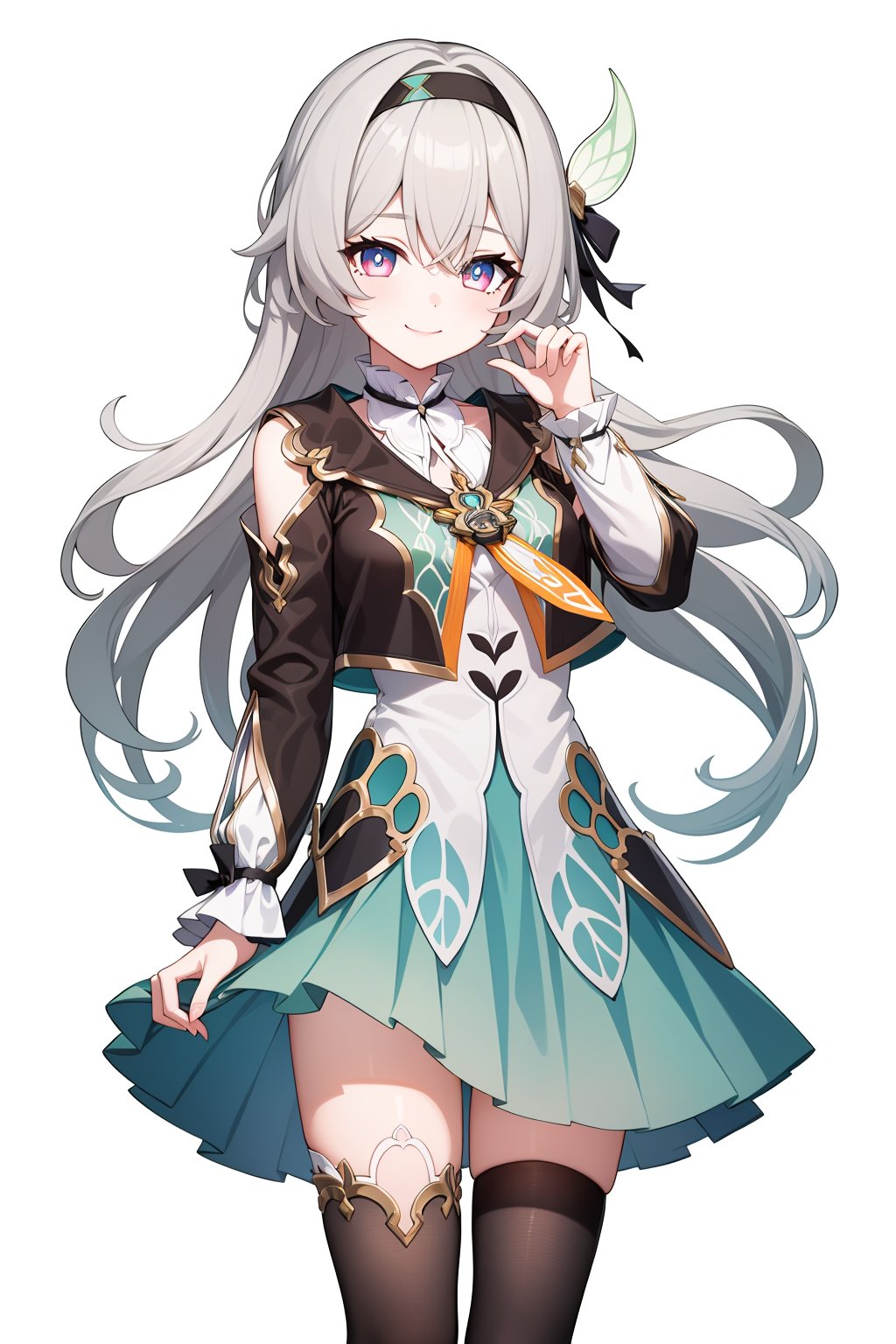 1girl,smile,<lora:流萤v36adaw:0.9:lbw=char>,liuying,bangs,long sleeves,hair ornament,black jacket,black hairband,high quality,green dress,grey hair,thighhighs,, (masterpiece,best quality:1.2),absurdres, high quality,