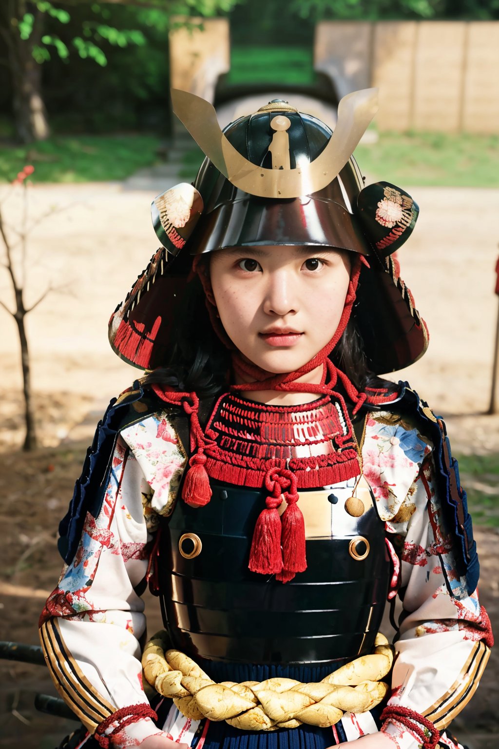 best quality, masterpieces,young girl, face, (pov), half-length portrait,samurai armor, samurai helmet, woven fabric,in front of war, battle background,dark theme, heavy shadow, film photography, soft focus, <lora:hina_samurai_armor_v14:0.7>