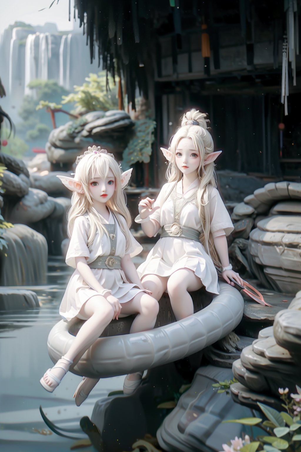 Elf sisters riding a log down the river,school uniform,2girls,Rafting,white girl,very white skin,pearly skin,lighue eyes,nordic girl,platinum blonde hair,Small bird,Sunn,