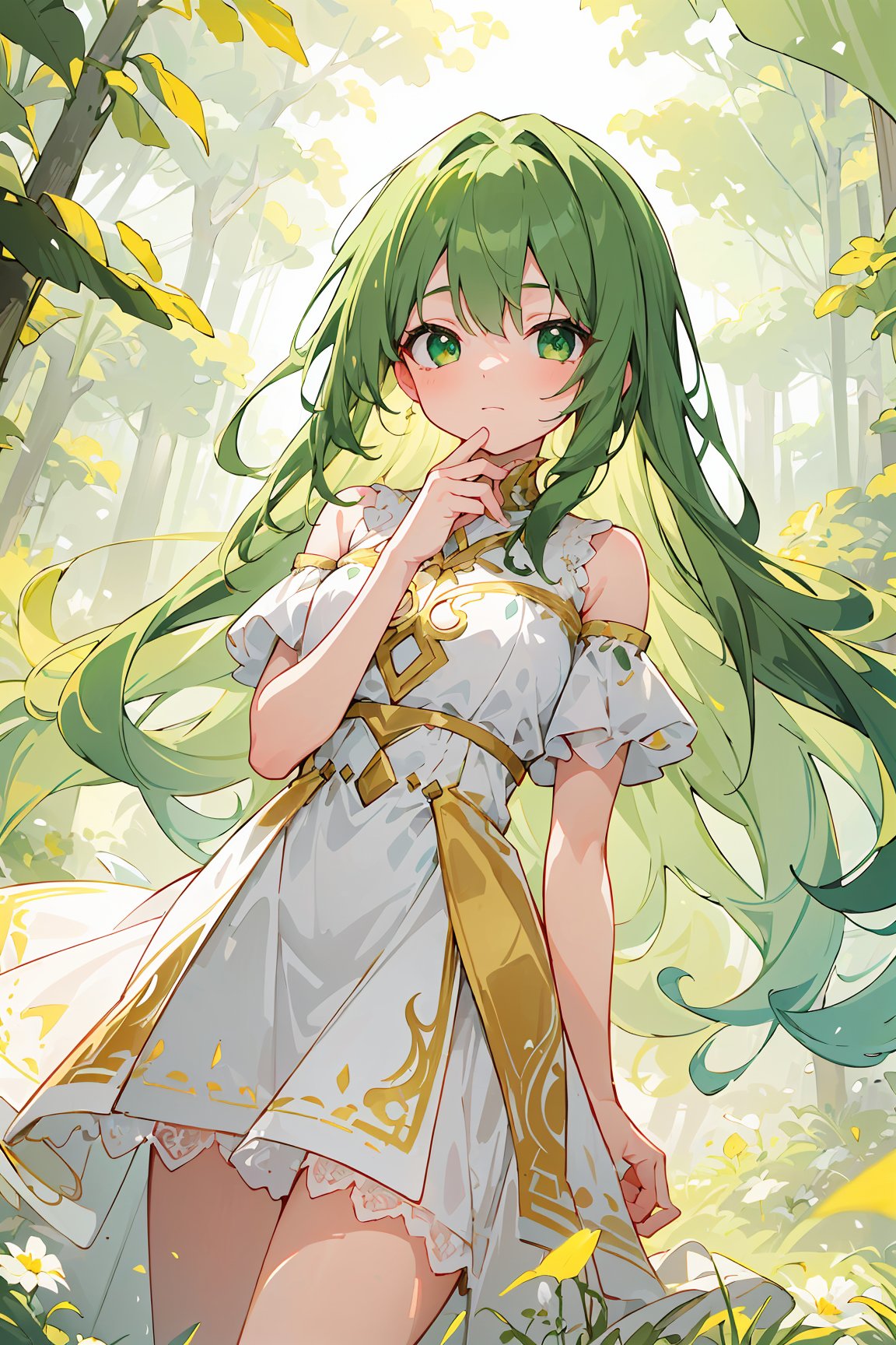 A captivating,  dreamlike anime girl standing in a fantastical landscape filled with swirling shades of vibrant yellow,  g...
