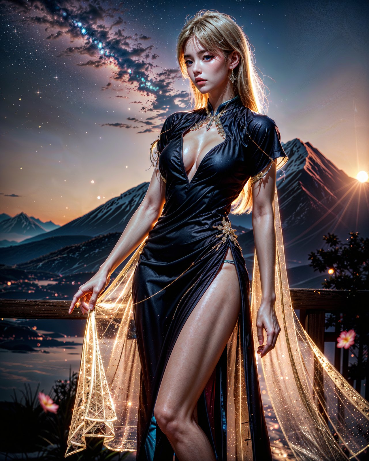 (lusanna:1) <lora:lostark_lusanna:0.8>, (blue long dress:1),  blue qipao, looking at viewer, (far shot:1.5), (slender legs:1.1), gold earrings, (blonde hair), long hair, (blue eyes), (3d, realistic,1girl, (closed_lips:1.2), (closed mouth:1.2), sexy, sultry, dynamic pose, (wide shot), night, moonlight, night sky, stars, (milky way in the sky:1.2), sunset, dramatic clouds, mountain ranges, pink trees, falling petals, masterpiece, best quality, perfect lighting,  lips, bloom, glow, bokeh, sparkle, magic, jewelry, ornaments, fantasy, best quality, masterpiece, highres, extremely detailed CG, extremely detailed 8K wallpaper, solo, sharp focus, dramatic angle, volumetric lighting, (extremely delicate and beautiful:1.2):1.1) <lora:hairdetailer:0.7> <lora:add_detail:0.6> <lora:add_sharpness:0.5> <lora:GoodHands-beta2:0.6>