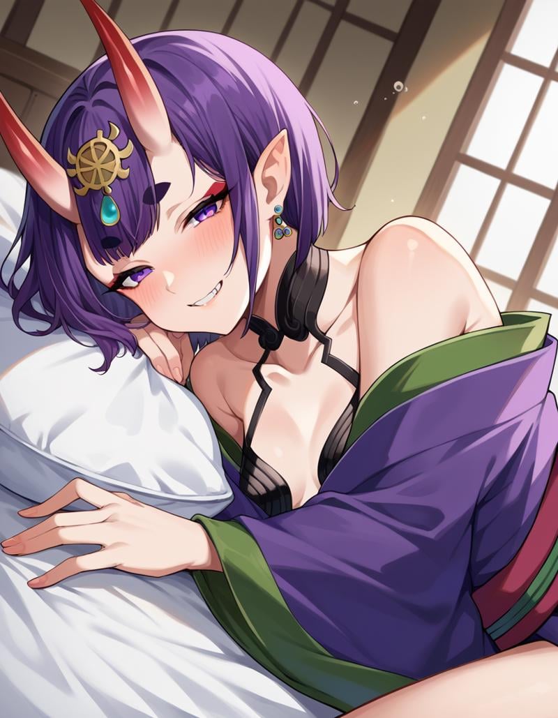 score_9, score_8_up, score_7_up, source_anime,shutendouji, <lora:shuten-douji-ponyxl-lora-nochekaiser:1>,shuten douji, purple eyes, earrings, eyeshadow, horns, makeup, oni horns, purple hair, red eyeshadow, short eyebrows, short hair, single earring, pointy ears, smile,bare shoulders, collarbone, japanese clothes, jewelry, long sleeves, revealing clothes, wide sleeves,indoors, bed, bed room, on side, blush, drunk,looking at viewer, dutch angle, cowboy shot,