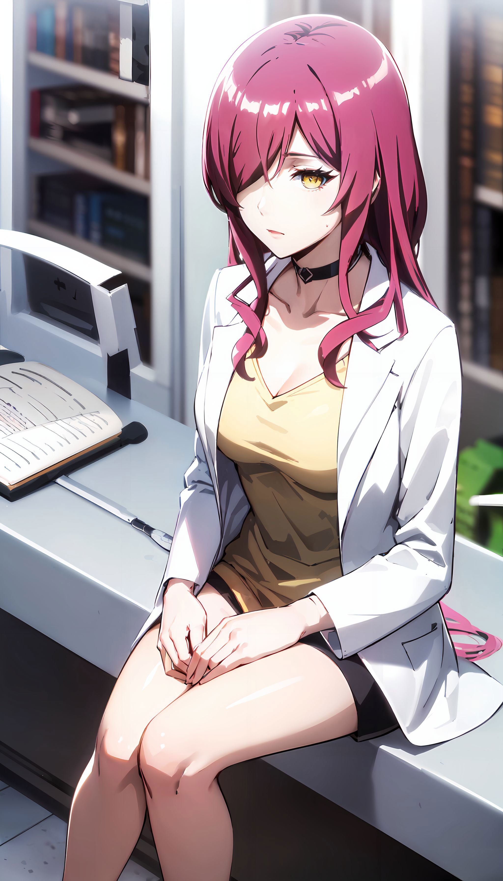 photorealistic, (4k), depth of field, (Masterpiece), (realistic skin texture), extremely detailed, intricate, hyper detailed, high resolution, sharp detail, best quality, woman, <lora:Laine:0.7> lab coat, long hair, pink hair, black choker, yellow eyes, one eye covered by hair, sitting with hands around her ankles , outdoors, 