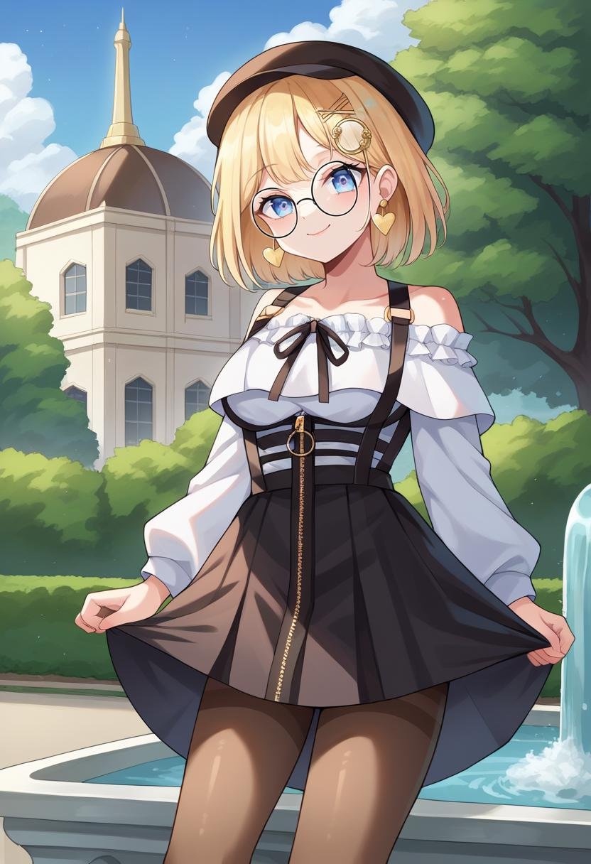 score_9, score_6_up, source_anime, plaza, outdoors, fountain BREAK 1girl, solo, amelia_casual, bob cut, white shirt, off-shoulder shirt, frills, suspenders, black skirt, zipper pull tab, pantyhose, black headwear, round eyewear, monocle hair ornament, heart earrings, light smile, holster <lora:watson_amelia_sdxl_pony-000009:1>