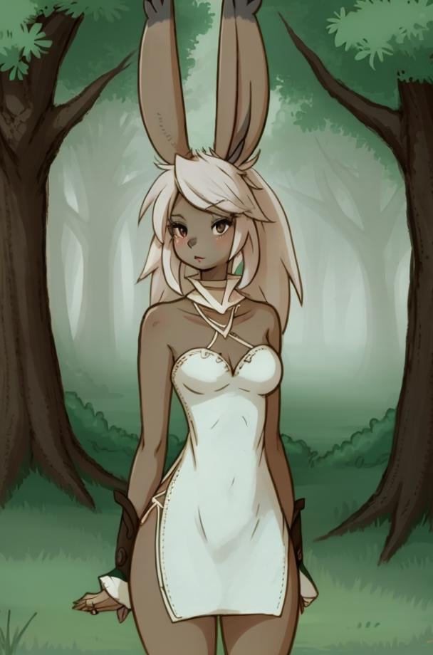 (anthro furry:1.2), VieraCzar, (viera, dark skin, brown eyes, random hair length, dress, slit dress), (forest), (masterpiece:1.2), hires, ultra-high resolution, 8K, high quality, (sharp focus:1.2), clean, crisp, cinematic, <lora:VieraFFTA-14:1>