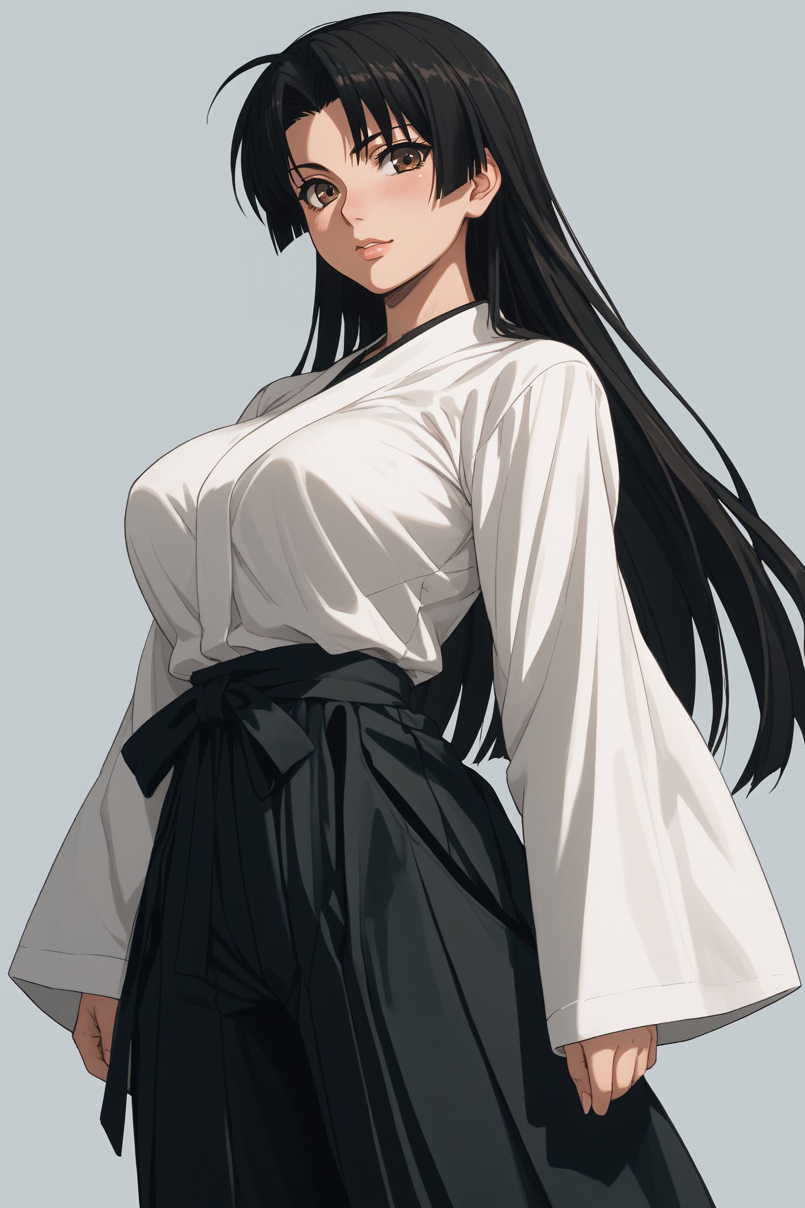 score_9, score_8_up, score_7_up, BREAK source_anime, <lora:Cal Shekar-PonyXL-lora-Faxtron:0.8> cal shekar, brown eyes, black hair, long hair, large breasts, hadanugi dousa, long sleeves, black hakama,