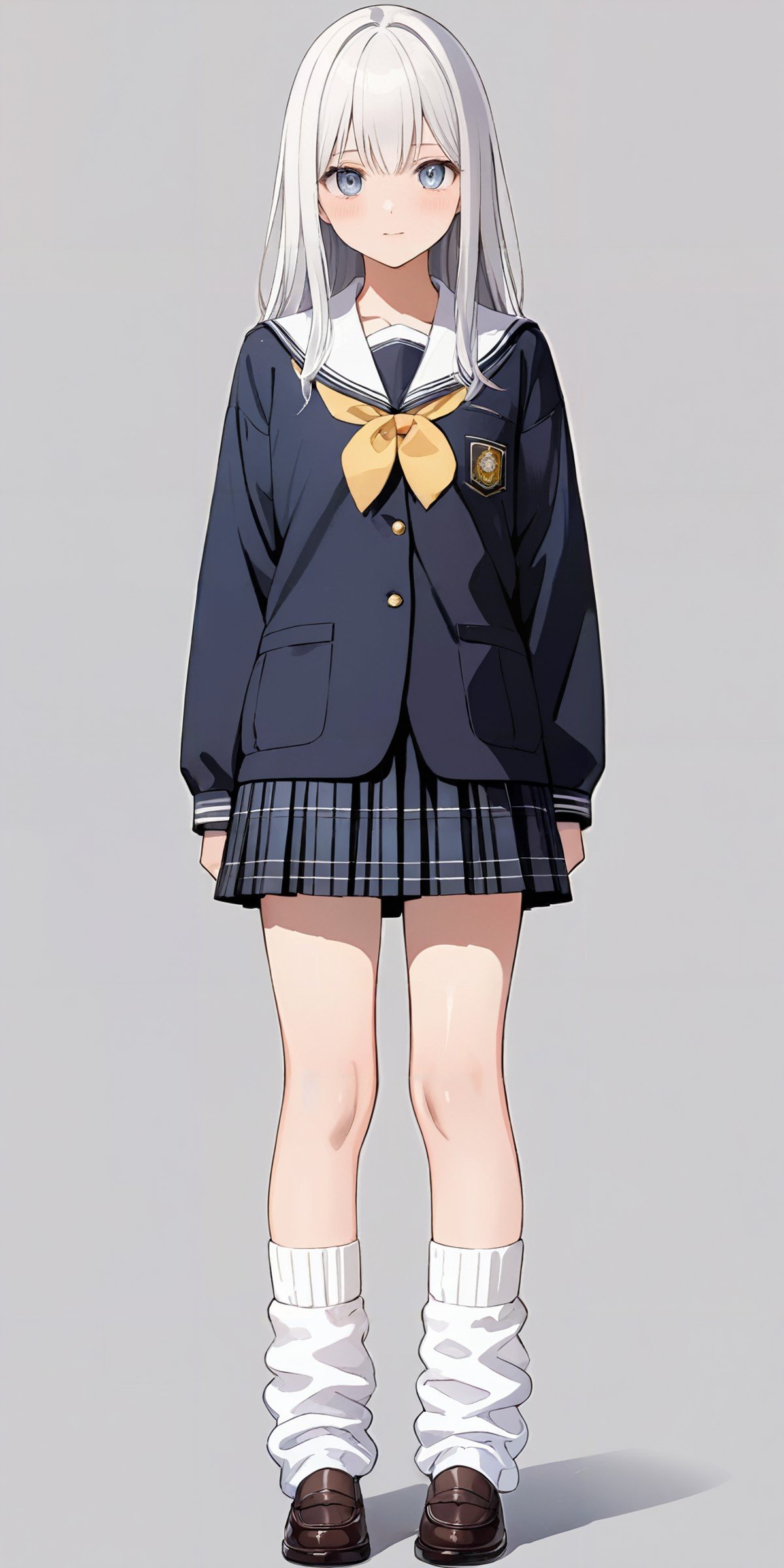 masterpiece,ultra-detailed,best quality,8K,illustration,cute face,clean skin ,shiny hair,girl,ultra-detailed-eyes,simple background, <lora:add-detail-xl:1> <lora:loose socks_XL_V1.1:1> jyojifuku, school uniform, loose socks